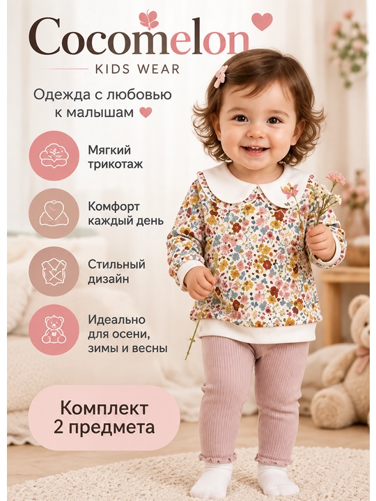 Детский костюм для девочек двойка: кофточка и леггинсы, комплект с принтом - 