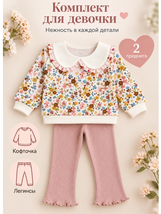 Детский костюм для девочек двойка: кофточка и леггинсы, комплект с принтом