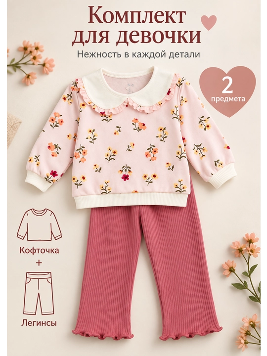 Детский костюм для девочек двойка: кофточка и леггинсы, комплект с принтом