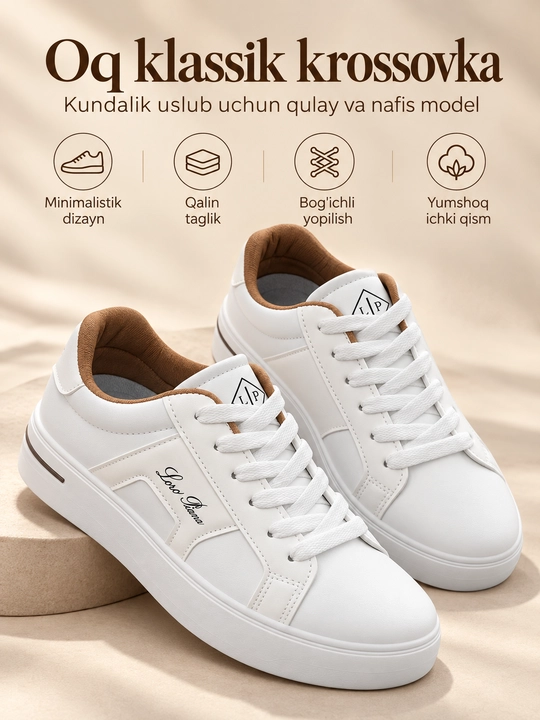 Ayollar krossovkasi bej va oq rangda, zamonaviy, qalin taglikli, kundalik casual