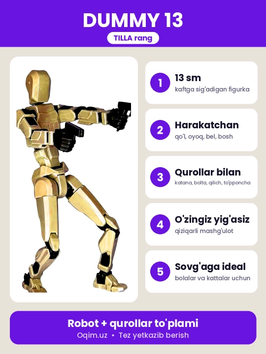 DUMMY robot figurasi 13, 13 sm, 3D qismlardan yig‘ilgan, harakatchan bo‘g‘imlar, magnitsiz