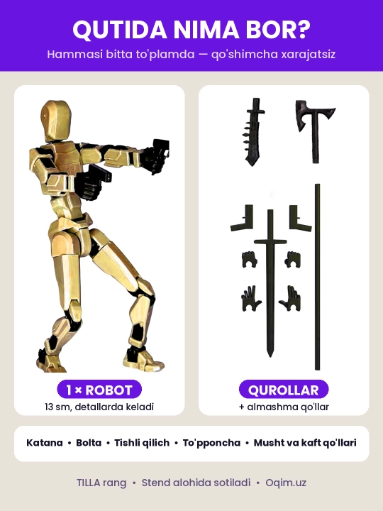 DUMMY robot figurasi 13, 13 sm, 3D qismlardan yig‘ilgan, harakatchan bo‘g‘imlar, magnitsiz