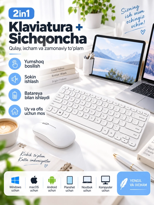 Simsiz Bluetooth klaviatura va sichqoncha, zaryadlanuvchi, Android iOS Windows