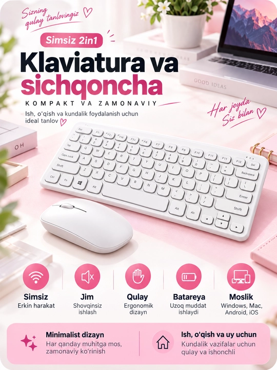 Simsiz Bluetooth klaviatura va sichqoncha, zaryadlanuvchi, Android iOS Windows