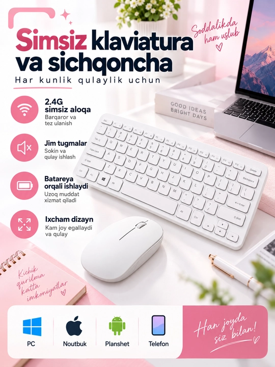 Simsiz Bluetooth klaviatura va sichqoncha, zaryadlanuvchi, Android iOS Windows