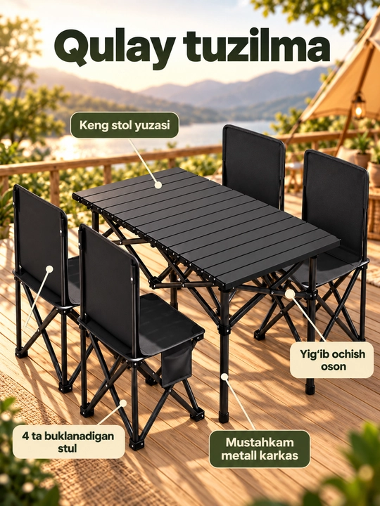 Buklanadigan stol va 6 ta stul kemping va piknik uchun