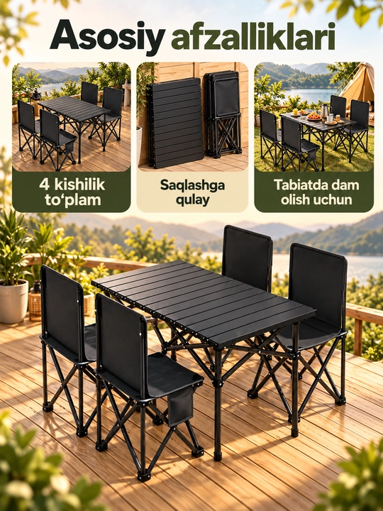Buklanadigan stol va 6 ta stul kemping va piknik uchun