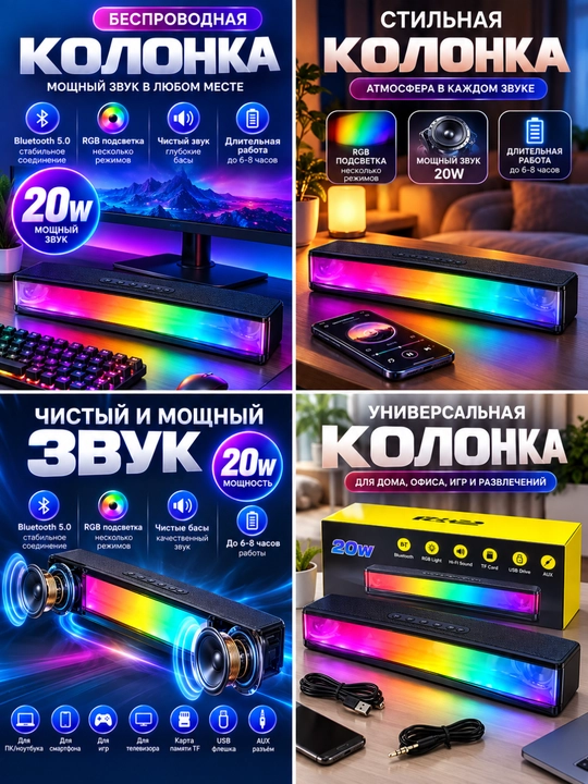 Беспроводная RGB колонка 20W с мощным звуком Bluetooth и яркой цветной подсветкой