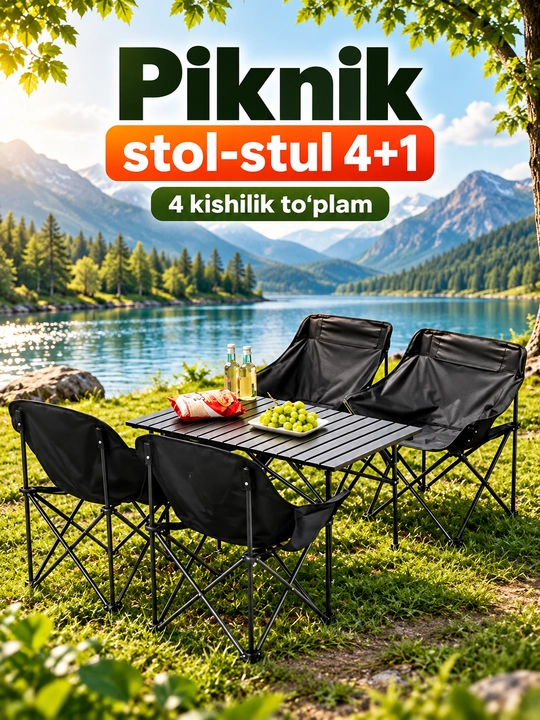 Buklanadigan stol va 6 ta stul kemping va piknik uchun - 