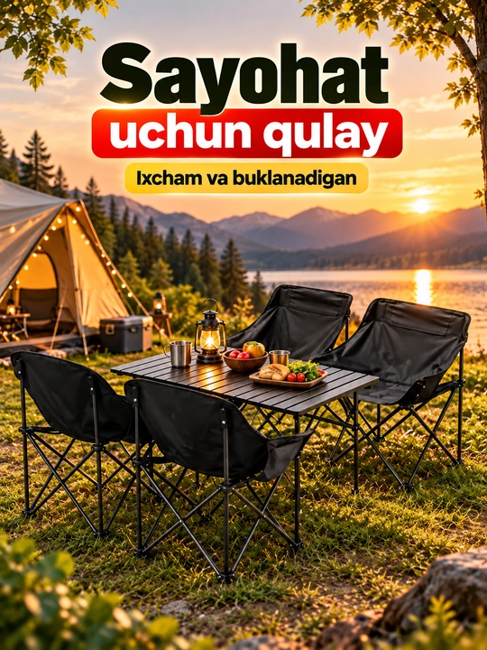 Buklanadigan stol va 6 ta stul kemping va piknik uchun