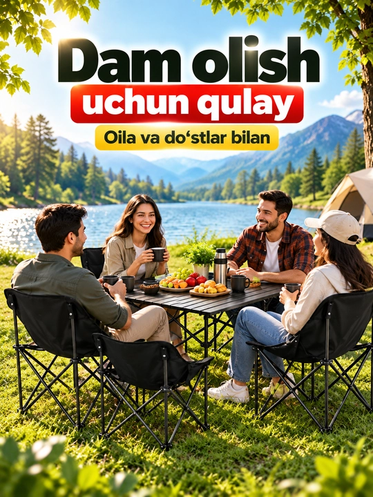 Buklanadigan stol va 6 ta stul kemping va piknik uchun