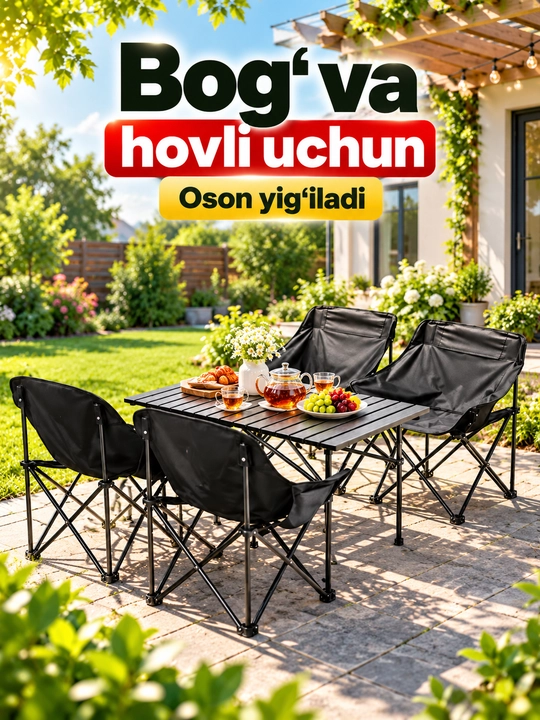 Buklanadigan stol va 6 ta stul kemping va piknik uchun