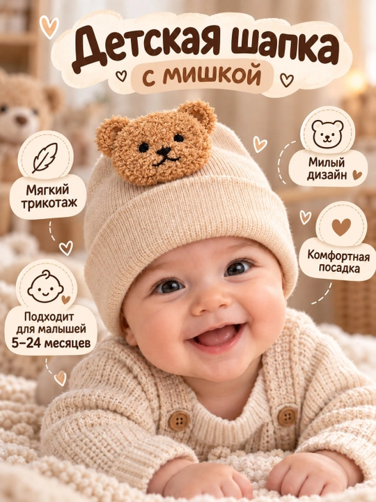 Шапочка для новорожденных мягкая с мишкой детская шапка для девочек и мальчиков - 