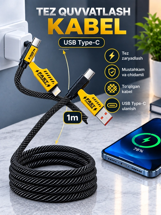 Кабель Type-C на 240W длиной 1.5м с удобной подставкой - 
