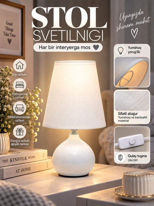 Stol svetilnigi tungi lampa, yotoqxona va uy uchun abajurli chiroq, 30 sm