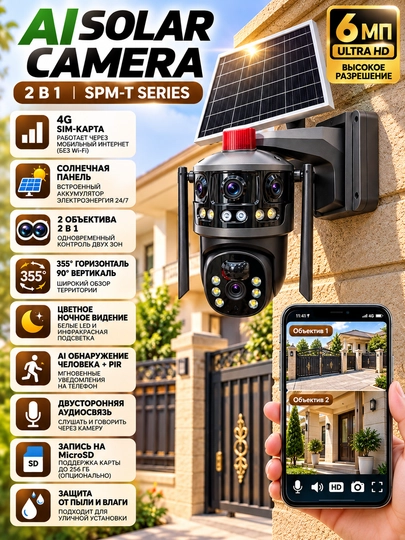 AI Solar Camera 2 in 1 SPM-T seriyali videokuzatuv kamerasi - 6 megapikselli, 4G