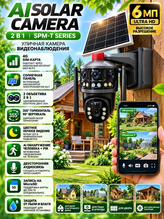 AI Solar Camera 2 in 1 SPM-T seriyali videokuzatuv kamerasi - 6 megapikselli, 4G