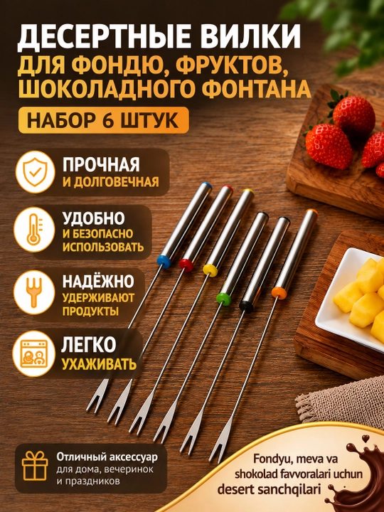 Десертные вилки для фондю, канапе, шоколадного фонтана, из нержавеющей стали, набор 6 штук - 