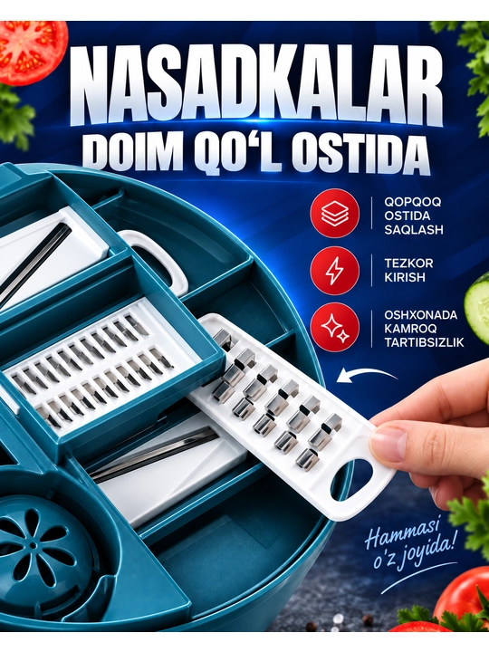 12 in 1 ko‘p funksiyali sabzavot to‘g‘ragich, qirg‘ich, slayser, konteyner va archgich
