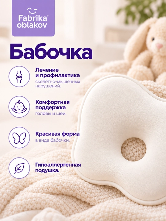Fabrika Oblakov «Babochka» Memory Foam xotira effektli bolalar ortopedik yostiqchasi, 0+