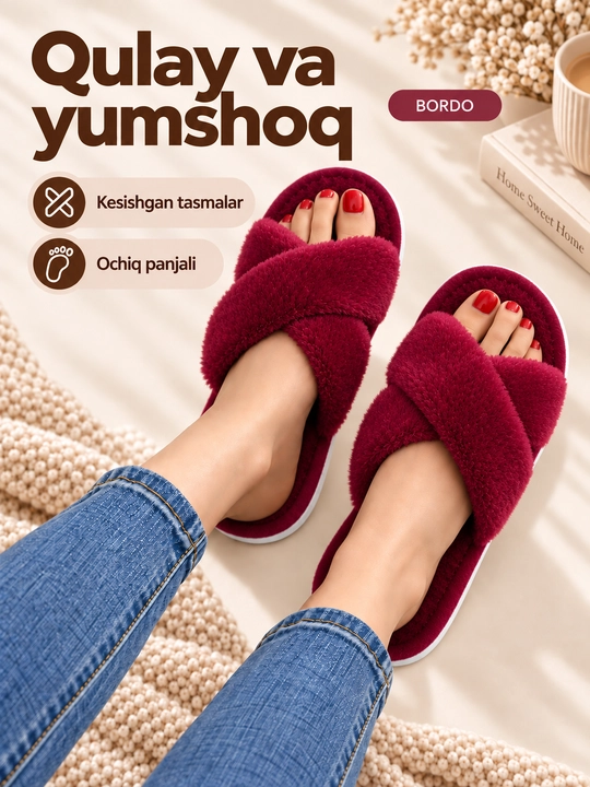Uy shippaklari, ayollarniki, yumshoq, momiq, ochiq, kesishgan tasmali, tagcharmi EVA