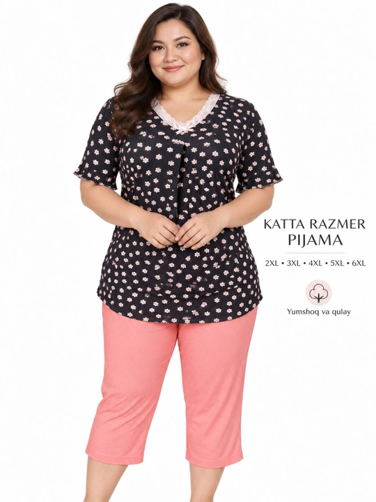 Ayollar pijamasi, 2 ta 1 da uy to‘plami, kapri futbolka va shim, katta o‘lchamlar 2XL–6XL - 