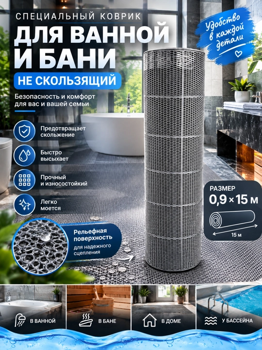 Hammom, sauna, basseyn bo'yi va sirpanchiq yuzalar uchun maxsus sirpanmaydigan kovriklar - 