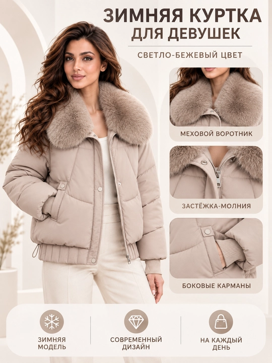 Теплая женская куртка с меховым воротником M–XXL, 12 цветов