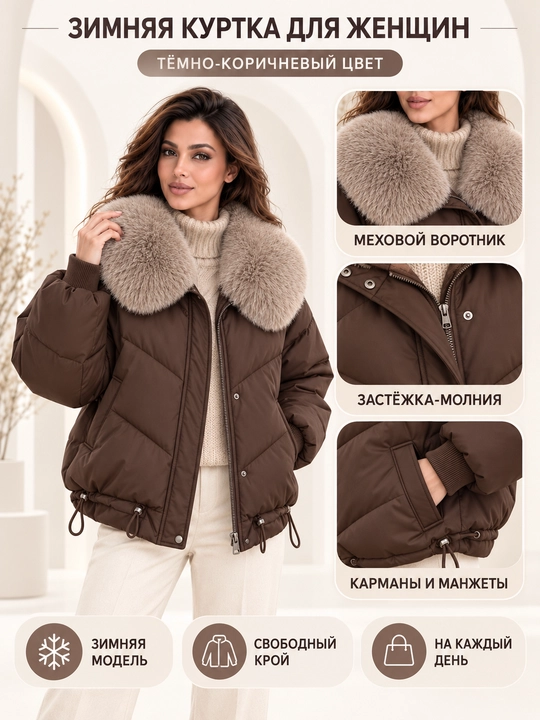 Теплая женская куртка с меховым воротником M–XXL, 12 цветов - 