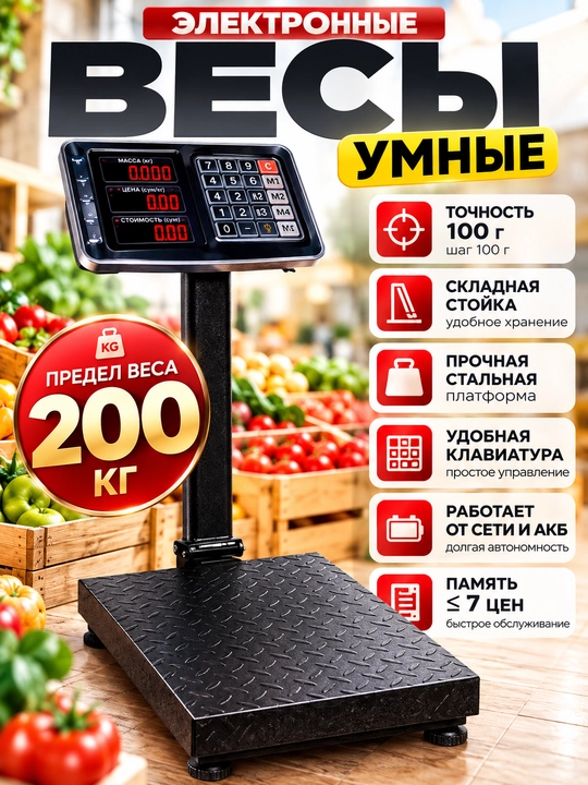 Электронные торговые весы до 200 кг, точность 100 г, напольные весы со стойкой - 