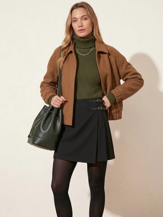 Женская юбка с высокой талией A-силуэт, короткая классическая с ремешками сбоку