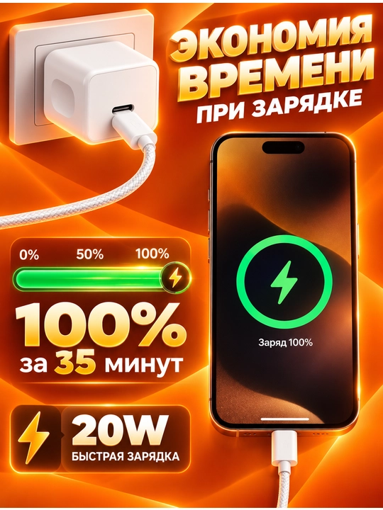 Зарядное устройство для iPhone, быстрая зарядка 20 Вт, с кабелем Type-C-Type-C/Lightning