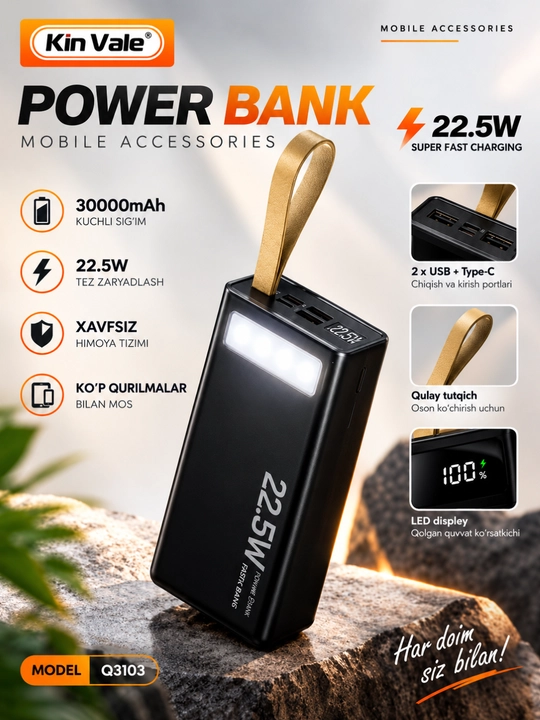 Power Bank 30000 мАч Быстрая зарядка 22.5W, 2 USB + Type-C, LED-дисплей, фонарик, ремешок - 