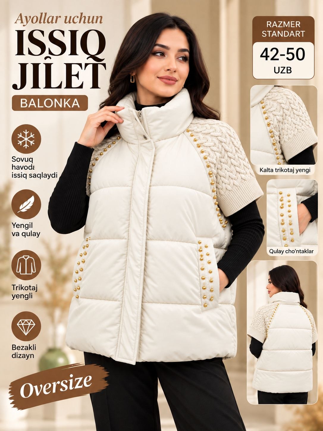 Ayollar uchun kuzgi, qishki jilet - yengsiz kurtka, nimcha, jaket, kamzul - 