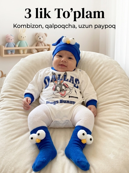 Qiz va ógʻil bola chaqaloqlar uchun  kombizonli 2+1 kuzgi toʻplami (Qalpoqcha bonusga) - 