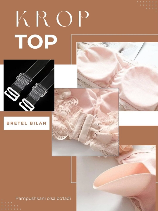 Ayollar to‘rli krop-top bando büstgalter, porolonli va shaffof lyamkali ichki kiyim