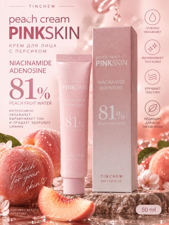 Крем для лица с персиковой водой 81% TINCHEW PINKSKIN Peach Cream 60мл - 