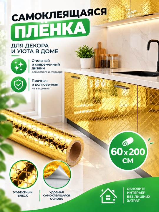Oltin rangdagi o'zi-yopishqoq plyonka — dekor va remont uchun, 60x200 sm