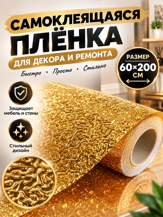 Oltin rangdagi o'zi-yopishqoq plyonka — dekor va remont uchun, 60x200 sm