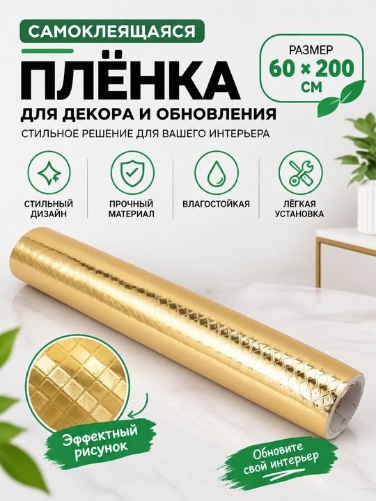 Oltin rangdagi o'zi-yopishqoq plyonka — dekor va remont uchun, 60x200 sm