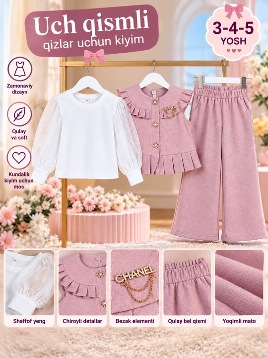 Костюм тройка для девочки розовый кофта жилет брюки 3-4-5 лет