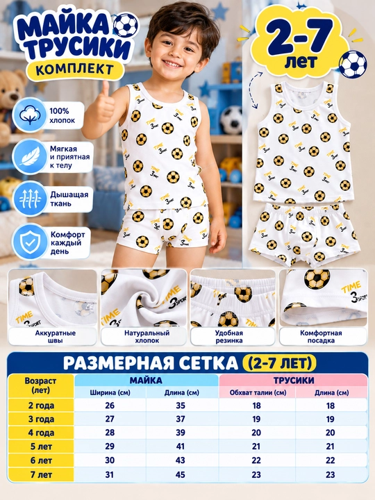 Майка и трусики для мальчика комплект, детское хлопковое белье, 2–7 лет
