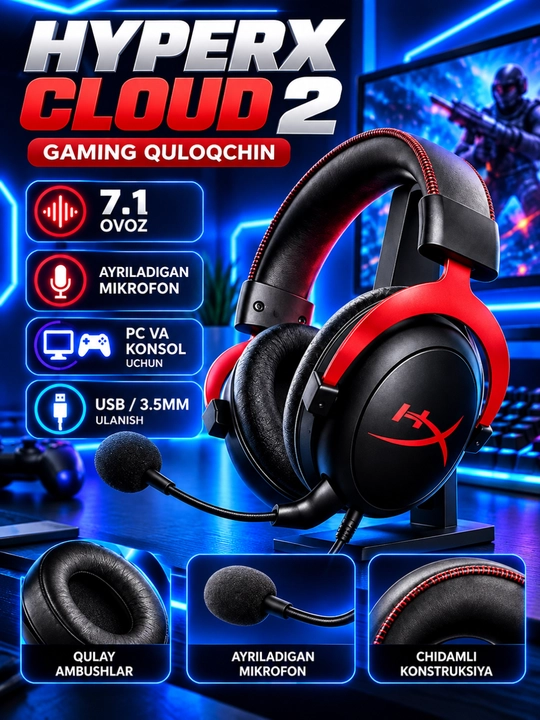 HyperX Cloud II Gaming Quloqchin 7.1 Ovoz, Mikrofon, PC va Konsol uchun - 
