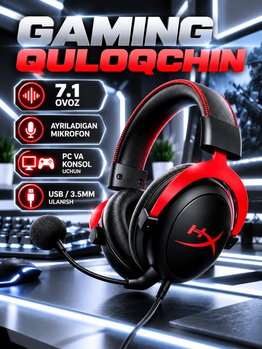 HyperX Cloud II Gaming Quloqchin 7.1 Ovoz, Mikrofon, PC va Konsol uchun