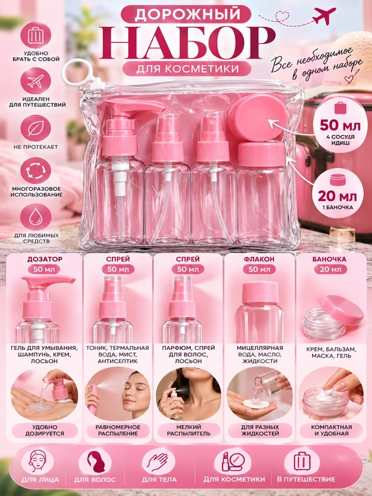 Kosmetik flakonlar va sayohat konteynerlarini qadoqlash, flakonchalarning yo‘l to‘plami