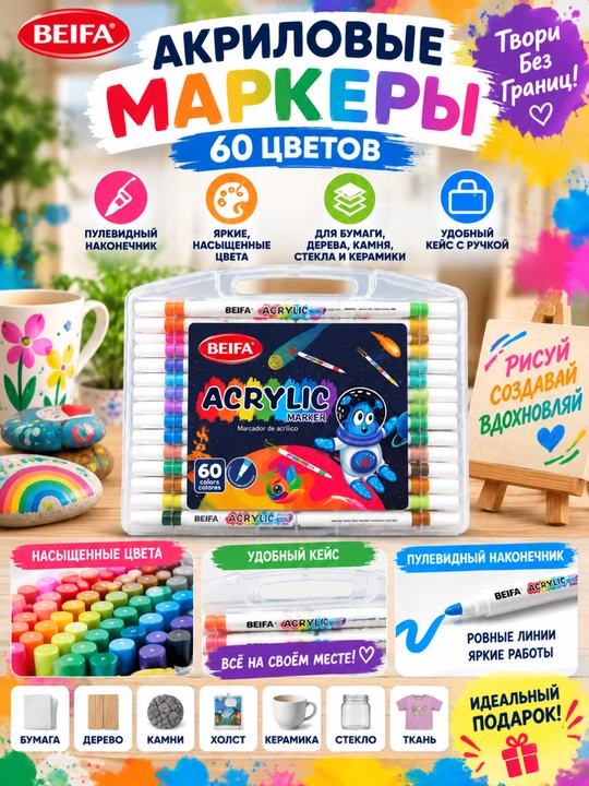 Набор акриловых маркеров, BEIFA PY-921, 12, 24, 36, 48, 60 и 80 цветов - 