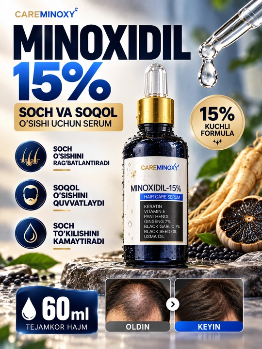Minoxidil 15%,Soch va soqol o'struvchi vosita, soch parvarishi, soqol parvarishi 60 ml - 