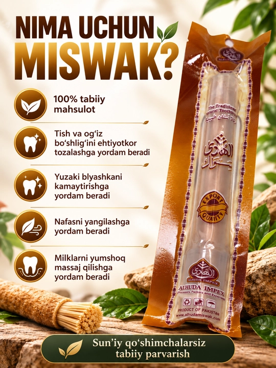 Tabiiy oqartiruvchi tish cho'tkasi Misvok Sewak Al-Hadya tishni oqartiradi, mustahkamlaydi