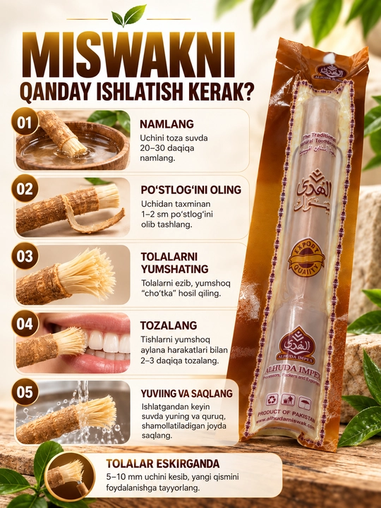 Tabiiy oqartiruvchi tish cho'tkasi Misvok Sewak Al-Hadya tishni oqartiradi, mustahkamlaydi