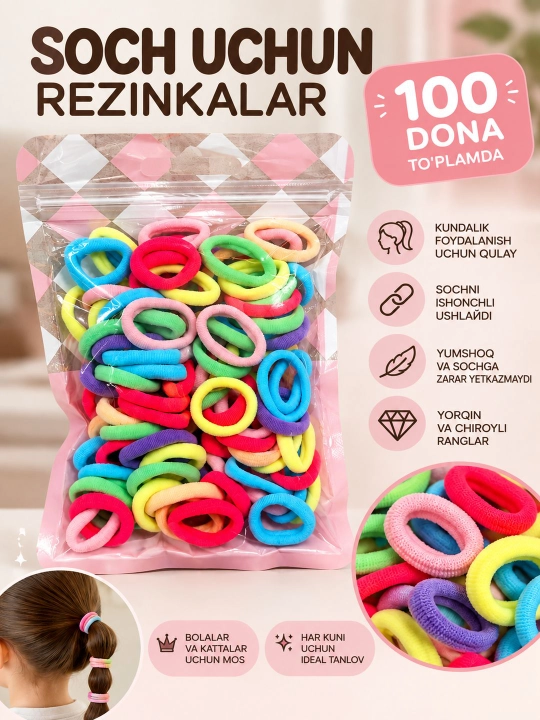 Soch uchun rezinkalar 100 dona,bolalar va kattalar uchun rang-barang rezinkalar to‘plami - 